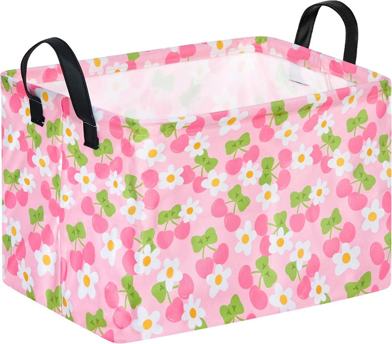 KUNRO Pink Cherry Gift Storage Basket Rectangle Storage Organizer for Nursery Hamper Home Bedroom Laundry Hamper Shelf Baskets. - Image 1